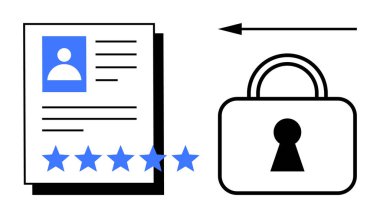 Kişisel verileri olan belgeler, mavi 5 yıldızlı reytingler, asma kilit ile korunuyor. Veri koruması, gizlilik, güvenlik, derecelendirme, belgelere uyum için ideal. Satır metaforu