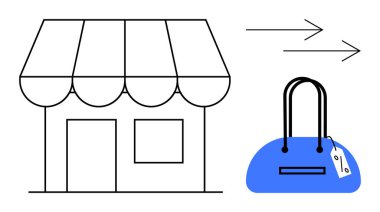 Vitrinde tente, el çantasında fiyat etiketi ve hareket gösteren oklar var. Çevrimiçi alışveriş, e-ticaret, perakende, küçük işletme, moda teslimatı ve pazarlama için ideal. Satır metaforu