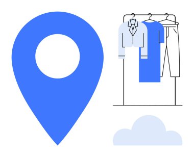 Large blue location pin with wardrobe rack holding clothes and a cloud icon. Ideal for fashion apps, wardrobe management, retail, e-commerce, location services, organization, and digital closets clipart