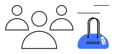 Önüne bakan üç minimalist figür ve fiyat etiketli mavi bir el çantası. Takım çalışması, alışveriş, e-ticaret, sosyal ağ, moda endüstrisi, perakende sektörü, pazarlama malzemeleri için ideal