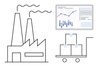 Tütsülü fabrika, grafikli analitik çizelge ve veri, istiflenmiş kutuları olan el arabası. Sanayi, üretim, üretim, lojistik, veri analizi, tedarik zinciri ve iş operasyonları için ideal