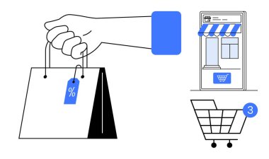 Seyyar bir mağaza önü ve bir alışveriş arabası ikonu ile birlikte indirimli etiketli bir alışveriş çantası tutuyor. E-ticaret, çevrimiçi alışveriş, perakende pazarlama, satış promosyonu, müşteri ilişkileri için ideal