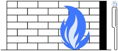 Ön planda büyük mavi alevli tuğla duvar ve sağ üst köşede küçük simge. Siber güvenlik, çevrimiçi güvenlik, veri koruması, çevrimiçi tehditler, güvenli ağlar, İnternet için ideal