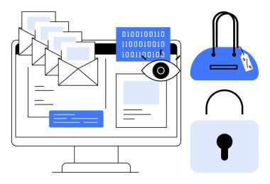 Bilgisayar ekranında e- postalar, ikili kod ve el çantası ve kilidi olan bir göz simgesi var. Siber güvenlik, e-posta koruması, veri gizliliği, çevrimiçi işlemler, güvenli iletişim için ideal