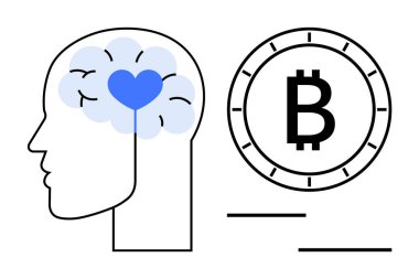 İnsan kafası ve beyni, duygusal ve finansal dengeyi vurgulayan Bitcoin sembolünün yanında duran bir kalp. Finans, akıl sağlığı, kripto para birimi, karar verme, psikoloji, yatırım için ideal