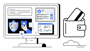 Bilgisayar ekranında dijital sağlık sigortası arayüzü, kullanıcı profili ve finansal veriler gösteriliyor. Cüzdanı bulut simgesinin yanında. Fintech, sağlık teknisyeni, çevrimiçi hizmetler, dijital için ideal