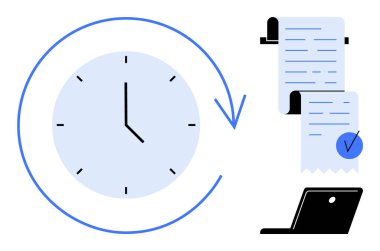 Oklu büyük saat zaman yönetimini temsil ediyor. Yuvarlak makbuzlar ve dizüstü bilgisayarlar görev, fatura ve izleme öneriyor. Üretkenlik, verimlilik, iş operasyonları, mali planlama için ideal