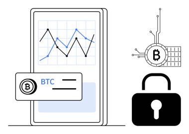 Dijital devre çizgileri ve kilidin yanında bir Bitcoin sembolünün yanında dalgalanan bir çizgi grafiği gösteren bir akıllı telefon. Kripto para birimi, dijital güvenlik, ticaret, finans ve teknoloji için ideal. Vektör