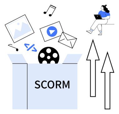SCORM kutusu resim, müzik, video, e-posta ve kod içeren ortam simgeleri içerir. Dizüstü bilgisayardaki kadın. E- öğrenim, içerik yönetimi, dijital kurslar, eğitim platformları, çevrimiçi eğitim için ideal