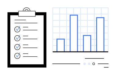 Panodaki işaretli kontrol listesi ve ızgara arkaplan üzerinde dört çubuklu çubuk grafiği. İş planlaması, görev yönetimi, veri analizi, proje izleme, performans değerlendirmesi, amaç