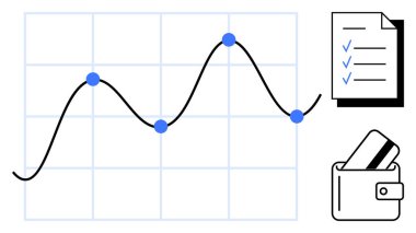 Eğilim çizgisi ve veri noktaları olan iş grafiği, işaretli kontrol listesi ve kredi kartlı cüzdan. Finansal planlama, bütçe, iş stratejisi, piyasa analizi ve yatırım için ideal