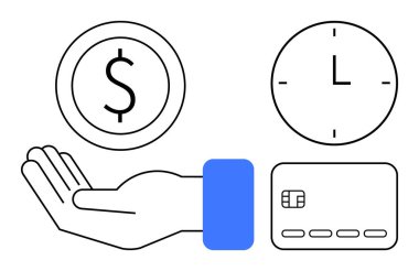 Dolar işareti, saati gösteren saat ve finansal işlemleri ve zaman yönetimini gösteren kredi kartı. İş, finans, bankacılık, tasarruf, yatırım ve strateji için ideal