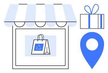 Tente, geri dönüşüm torbası, hediye kutusu ve konum belirleyicisiyle ön cephe alın. Perakende satış, çevrimiçi alışveriş, dağıtım hizmetleri, çevre dostu ürünler, yerel iş pazarlama tanıtımı için ideal