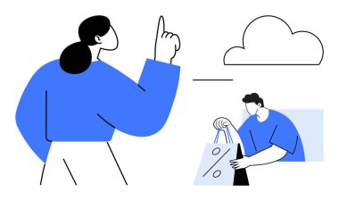 Kadın, elinde indirim tabelası olan alışveriş torbalarını tutarken bulutu işaret ediyor. E-ticaret, çevrimiçi alışveriş, bulut hizmetleri, dijital pazarlama, perakende promosyonlar, teknoloji, müşteri hizmetleri için ideal
