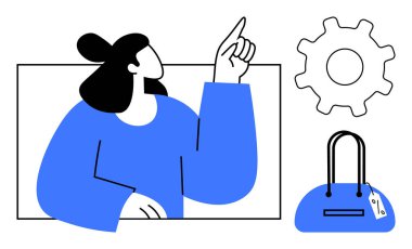 Bir el, dişli ikonu ve fiyat etiketli el çantası ile yukarı doğru hareket eden kişi. E-ticaret, perakende, satış, online alışveriş, teknoloji müşteri hizmetleri ve işlemler için ideal. Satır metaforu