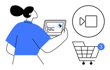 Tabletteki veri tablolarını gösteren kişi, oyun duraklat video arama simgesi ve üç bildirimli alışveriş arabası. E-ticaret, iş analizi, uzak toplantılar, dijital pazarlama için ideal.