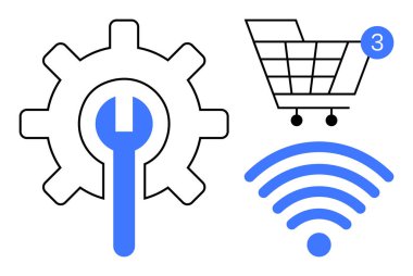 İçinde İngiliz anahtarı olan bir vites, tebligat kartı olan bir alışveriş arabası ve kablosuz bir sembol. Teknoloji, e-ticaret, İnternet, bağlantı, çevrimiçi alışveriş, dijital araçlar ve ağ hizmetleri için ideal