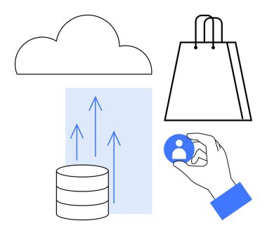 Bulut depolama simgesi, alışveriş torbası, kullanıcı hesap sembolü ve veri büyümesini gösteren oklar. E-ticaret, bulut hesaplama, veri yönetimi, kullanıcı profilleri, çevrimiçi hizmetler dijital için ideal