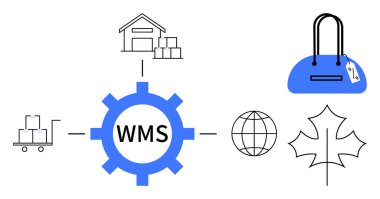 Paletlerle dolu bir depo, paketlerle dolu bir doli, WMS etiketli dişliler, dünya, el çantası ve yaprak ikonu. İkmal zinciri, lojistik, envanter yönetimi e-ticaret depo işlemleri için ideal küresel ticaret