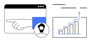 Kullanıcı avatarı simgesinin bulunduğu bir web sitesinden el işareti, büyümeyi gösteren bir bar grafiği ile birleştirilmiş. İş sunumları, analitik, veri görselleştirme, pazarlama stratejileri, yatırımcı için ideal