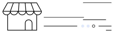Minimalist mavi noktalı navigasyon yolunun yanında tenteli ve kapı çizgisi olan küçük bir dükkan. Ticari pazarlama, perakende konseptleri, çevrimiçi alışveriş, dağıtım hizmetleri, konum rehberliği için ideal