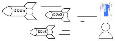 Bir kişiyi hedef alan üç DDoS füzesi ve siber tehdidi temsil eden bir sunucu rafı. Siber güvenlik, bilişim eğitimi, ağ güvenliği eğitimi, siber savaş analojisi, çevrimiçi tehdit için ideal