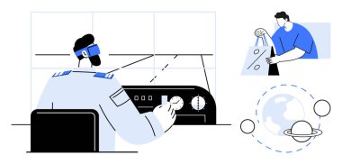 Uzay görev kontrol operatörü uçuş sistemlerini, alışveriş çantalarını tutan kişiyi, yörüngesinde dolunay olan gezegeni izliyor. Uzay keşfi, teknoloji, alışveriş, küresel pazar ve yenilik için ideal