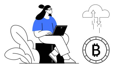 Bulut hesaplama ve Bitcoin entegrasyon simgelerinin yanında oturan bir kadın dizüstü bilgisayar kullanıyor. Fintech, crypto, bulut hizmetleri, dijital ekonomi, uzaktan çalışma, çevrimiçi güvenlik ve teknoloji için ideal. Çizgi