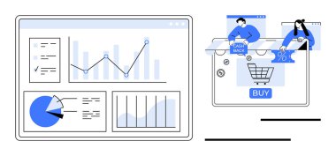 Çeşitli grafik ve grafikleri gösteren dijital gösterge paneli. İnsanlar online alışveriş arayüzü, nakit para ve indirimlerle etkileşime geçiyor. E-ticaret, piyasa araştırması, veri analizi ve finans için ideal