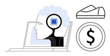 Bir dizüstü bilgisayar, ayakkabı ve dolar sembolündeki insan kafasındaki yapay zeka çipi. Teknolojik yenilik, e-ticaret, finans, yapay zeka, çevrimiçi perakende, dijital ekonomi ve tüketici davranışı için ideal. Çizgi