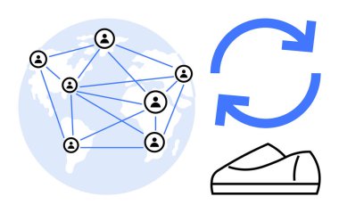 Birbirine bağlı kullanıcı simgelerine, mavi senkronize oklara ve siyah çizgili ayakkabı sembolüne sahip küresel ağ. Uluslararası iletişim, veri senkronizasyonu, e-ticaret, tedarik zincirleri için ideal