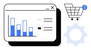 Uygulama penceresindeki bar grafik analizleri, bildirim rozetli alışveriş arabası simgesi ve ayarlar. E-ticaret, çevrimiçi alışveriş, veri analizi, iş yönetimi, web sitesi arayüzü için ideal