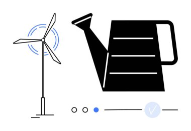 Rüzgâr türbini, dönen bıçaklarla birlikte bir su bidonunun yanında. Dairesel simgeler, noktalı bir çizgi ve işaret işareti. Yenilenebilir enerji, bahçıvanlık, sürdürülebilirlik, çevre ve eko-teknoloji için ideal