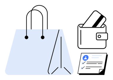 Kulplu alışveriş torbası, içinde kredi kartı olan cüzdan ve kullanıcı profili simgesi olan kontrol listesi. E-ticaret, finans hizmetleri, perakende pazarlama, çevrimiçi ödemeler, alışveriş uygulamaları ve tüketici için ideal