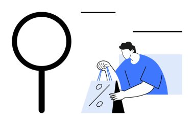 Yüzdelik işaretli alışveriş torbası tutan adam, büyük büyüteç, soyut çizgiler. Perakende, satış, pazarlama, indirimler, arama optimizasyonu e-ticaret sunumları için ideal. Çizgi