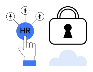 Hand pointing to HR icon connected to human profiles, security lock, and cloud. Ideal for HR management, data security, cloud services, employee management, digital transformation, IT security clipart