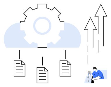 Bulutların üstünde teçhizat, üç bağlı dosya, verileri analiz eden adam ve büyüyen oklar. Bulut depolama, veri yönetimi, iş büyümesi, bilişim çözümleri, dijital dönüşüm analiz süreci için ideal
