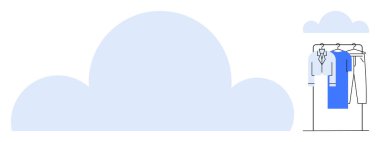 Üzerinde bulut şekilleri olan gömlek ve pantolonlar asılı giysiler depolama ya da yönetim öneriyor. Moda, organizasyon, teknoloji entegrasyonu, sürdürülebilirlik, e-ticaret, akıllı