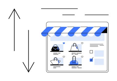 Tablet ekranda mavi çizgili tente altında birden fazla çanta seçeneği gösteriliyor. Çevrimiçi alışveriş, e-ticaret, perakende sektörü, dijital pazarlama, moda endüstrisi, tüketici davranışı ve kullanıcı için ideal