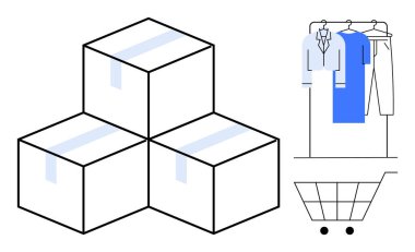 Giysi rafının yanında gömlek, pantolon ve alışveriş arabasıyla istiflenmiş kutular. Lojistik, perakende, tedarik zinciri, giyim, e-ticaret depo envanter yönetimi için ideal. Satır metaforu