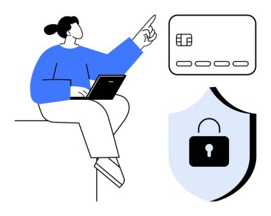 Bilgisayarda çalışan bir kadın, kilit ikonlu kredi kartı ve kalkanı gösteriyor. Finans, siber güvenlik, çevrimiçi alışveriş, veri koruması, dijital işlemler, kimlik