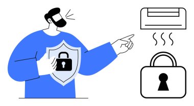 Elinde kilit sembolü olan bir kalkan tutan bir adam ısıtıcı ve asma kilidi işaret ediyor. Güvenlik, gizlilik, koruma, ısıtma güvenliği, farkındalık, öğretici içerik çevrimiçi güvenlik için idealdir. Çizgi