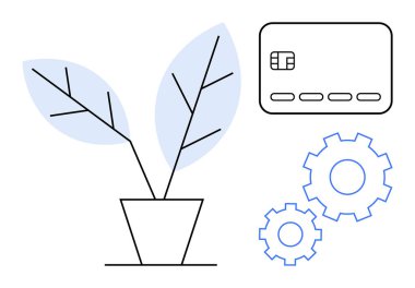 Kredi kartının yanında büyümeyi simgeleyen saksı bitkisi ve mali yönetim ve iş stratejilerini temsil eden iki vites. Bankacılık, yatırım, iş büyümesi, ecommerce, otomasyon için ideal