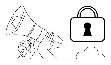 Hands holding a megaphone emitting sound waves towards a security lock and cloud. Ideal for cybersecurity, IT, data protection, privacy, online safety, secure communication, awareness campaigns. Line clipart