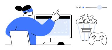 VR kulaklık, patlamış mısır ve oyun kumandası ile ekranla etkileşime geçen biri. Teknoloji için ideal, sanal gerçeklik, oyun, eğlence, akış, modern yaşam tarzı, artırılmış