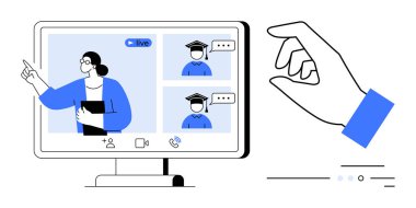 İnternet üzerinden mezun öğrencilerle internetteki ekranı gösteren öğretmenler, etkileşim için el hareketleri. Eğitim, e-öğrenim, uzaktan eğitim, çevrimiçi kurslar, sanal sınıflar için ideal