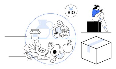 Taze organik sebze ve meyvelerin yanında otururken tablet kullanan bir kadın, bir kavanoz, sürahi, BIO etiketi ve bir teslimat paketi. Sağlık, teknoloji, online alışveriş, organik gıda kolaylığı için ideal