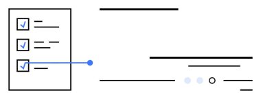 Öge ayrıntılarını temsil eden yatay çizgilere bağlı üç mavi işaretli kontrol listesi. Ek çizgiler ve noktalar durum göstergelerini temsil ediyor. Görev yönetimi, proje planlaması, yapılacak iş için ideal