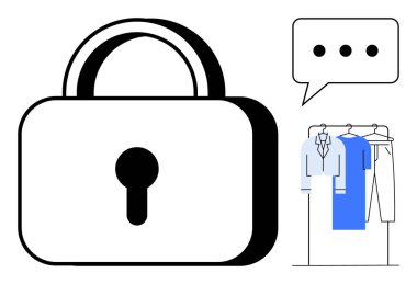 Elbise rafının yanında anahtar deliği olan asma kilit ve elips ile konuşma balonu. Siber güvenlik, veri gizliliği, çevrimiçi alışveriş, dijital iletişim, perakende koruma, güvenli işlemler için ideal