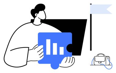 İş kadını elinde bir dizüstü bilgisayarın yanında duran mavi bir bulmaca parçası tutuyor. Yakınlarda hedef başarısını gösteren bir bayrak ve işi sembolize eden bir evrak çantası var. İş stratejisi için ideal, hedef